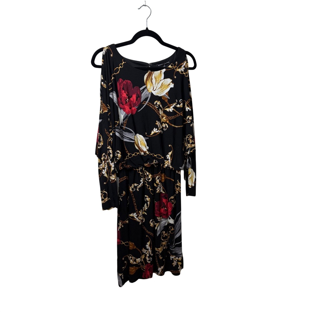 Boston Proper Black Floral Blouson Dress Baroque Chain Print Italian Style Sz M - Picture 2 of 10